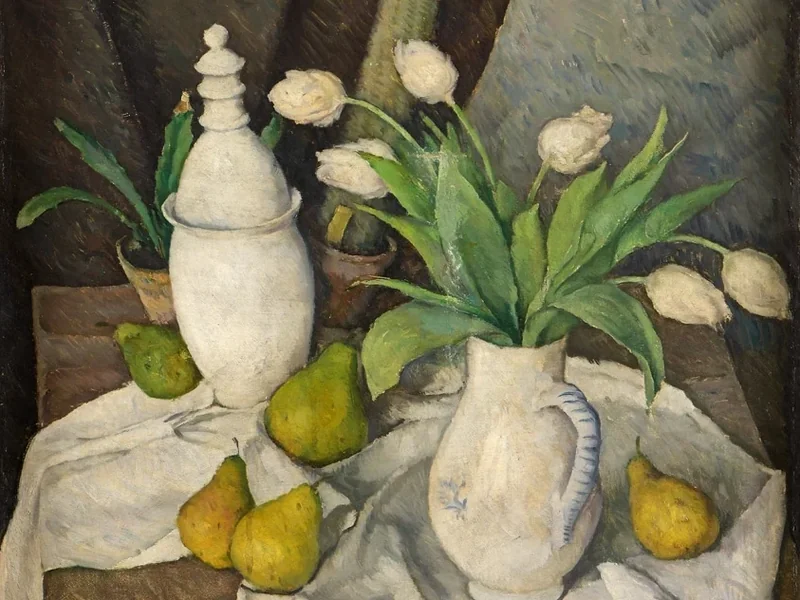 1888-Bruno Breil - Natura morta con frutta e tulipani bianchi
